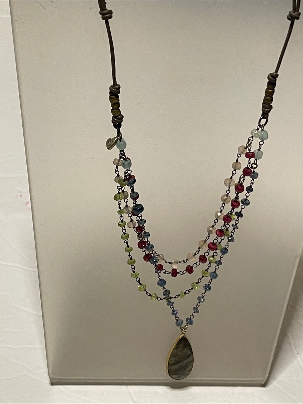 Multi-Color Beaded Layered Necklace with Teardrop Pendant